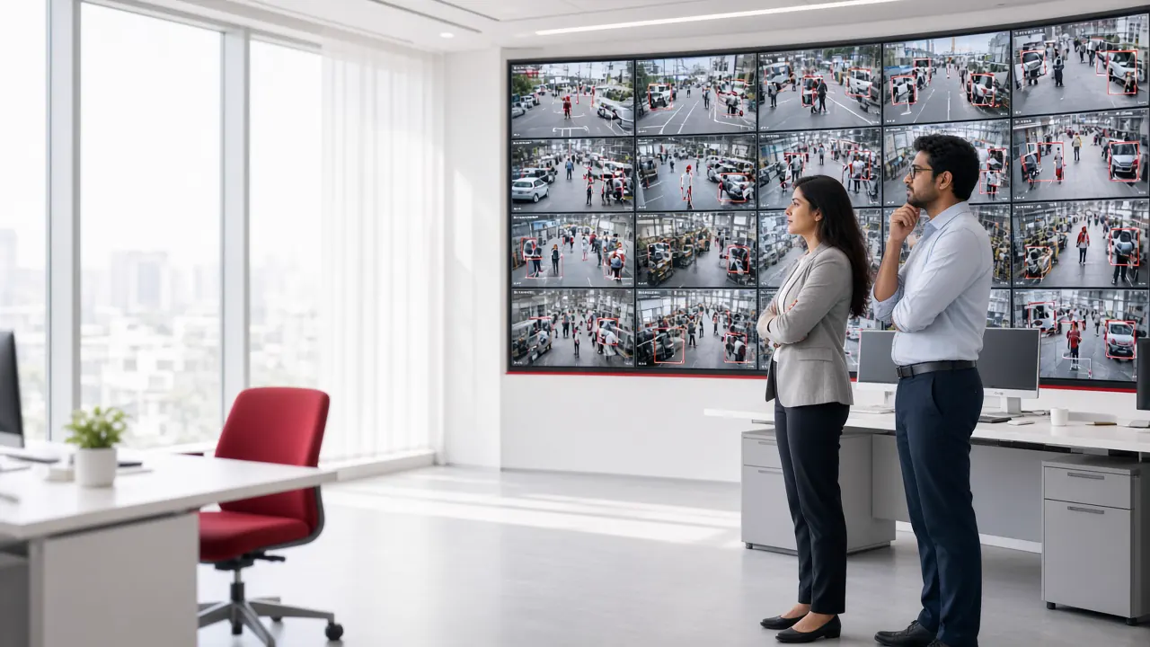 Security operators reviewing an AI video analytics video wall in an operations centre