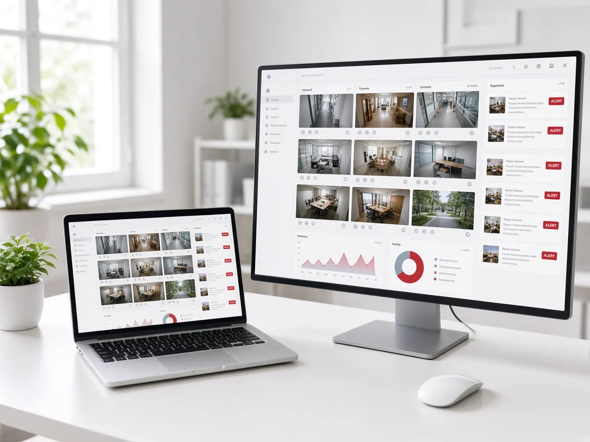 Video management system dashboard with live camera tiles and analytics charts