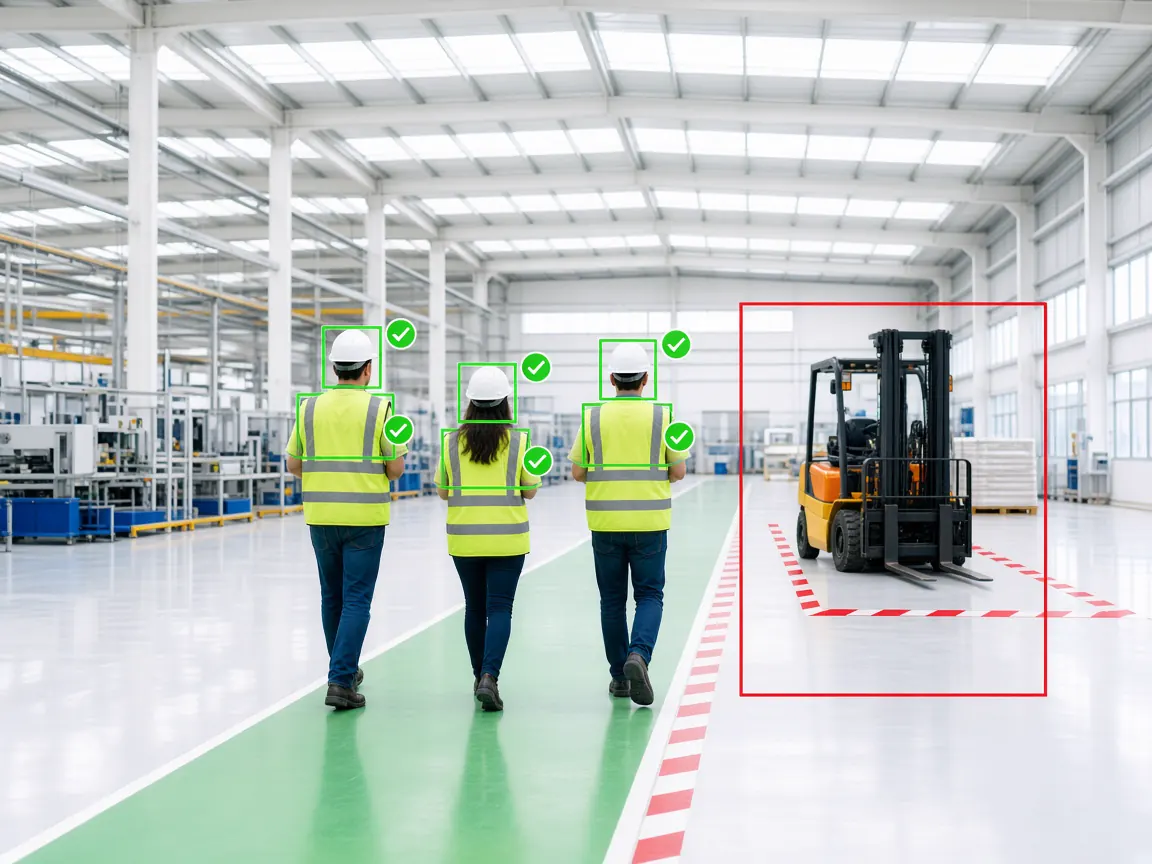 Workers in hard hats and vests detected near a forklift on a factory floor